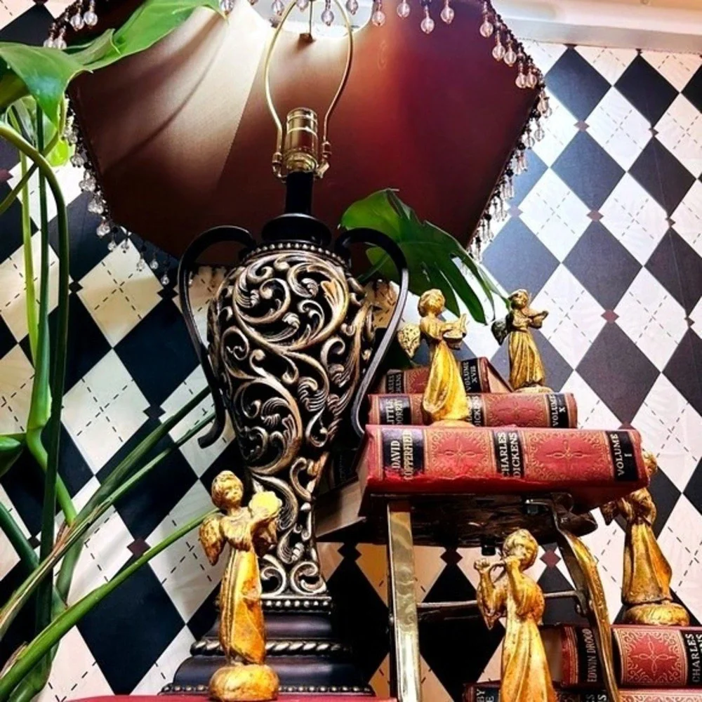 Moody Vintage Table Lamp‎ with Deep Burgundy Shade| Ornate Baroque Decor
